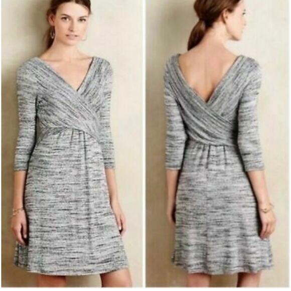 Anthropologie Amadi Lola Heather Gray Cross Faux Wrap Fit Flare Knit Dress XS - Picture 1 of 11